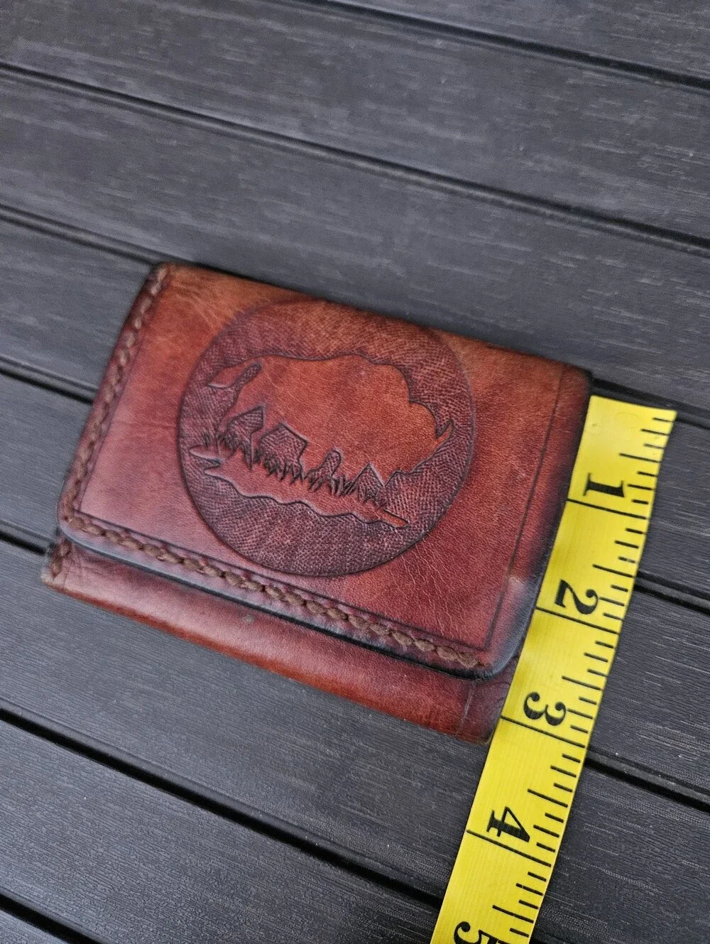Vintage Mens Leather Trifold Wallet Tooled Bison Buffalo Western Cowboy Rustic